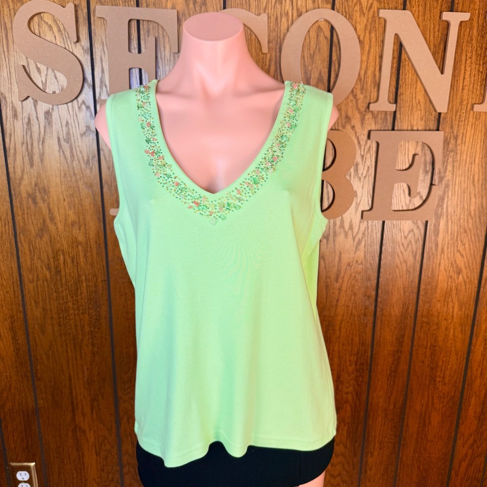 Talbots Tank Top Women L Lime Green Beaded V-Neck Y2K Fairy Ethereal Boho Cotton